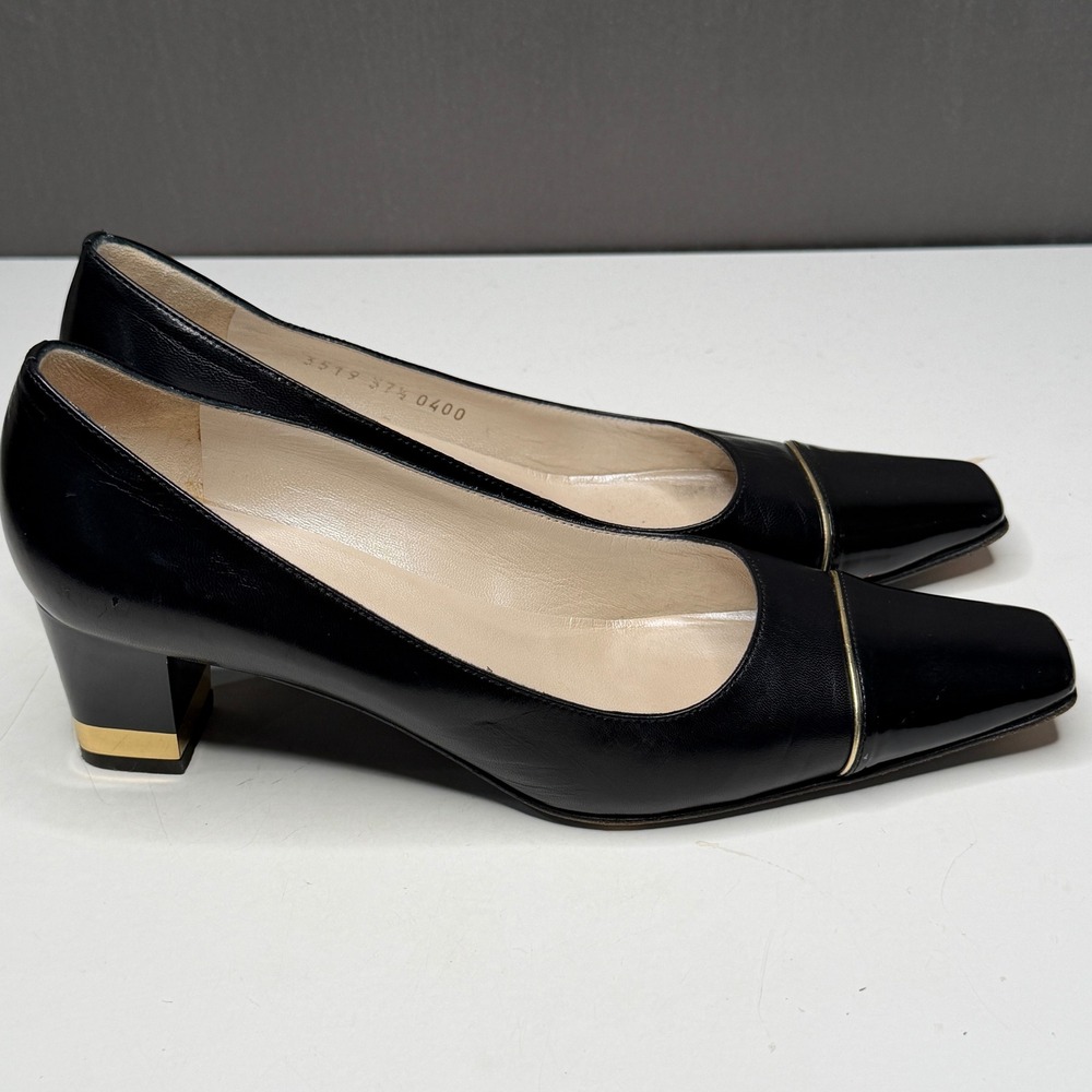 St John Pumps Womens Sz 7.5 Black Patent Leather Square Cap Toe Gold Block Heel